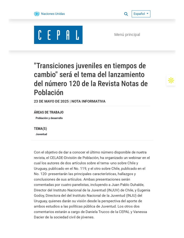 "Youth transitions in times of change" will be the theme of the launch of issue 120 of the magazine Notas de Población.