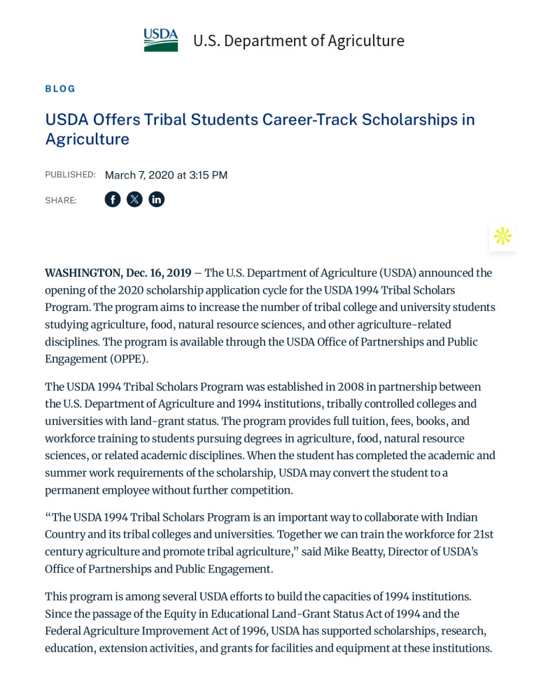 Programa del USDA Ofrece Becas a Estudiantes Tribales para Carreras en Agricultura