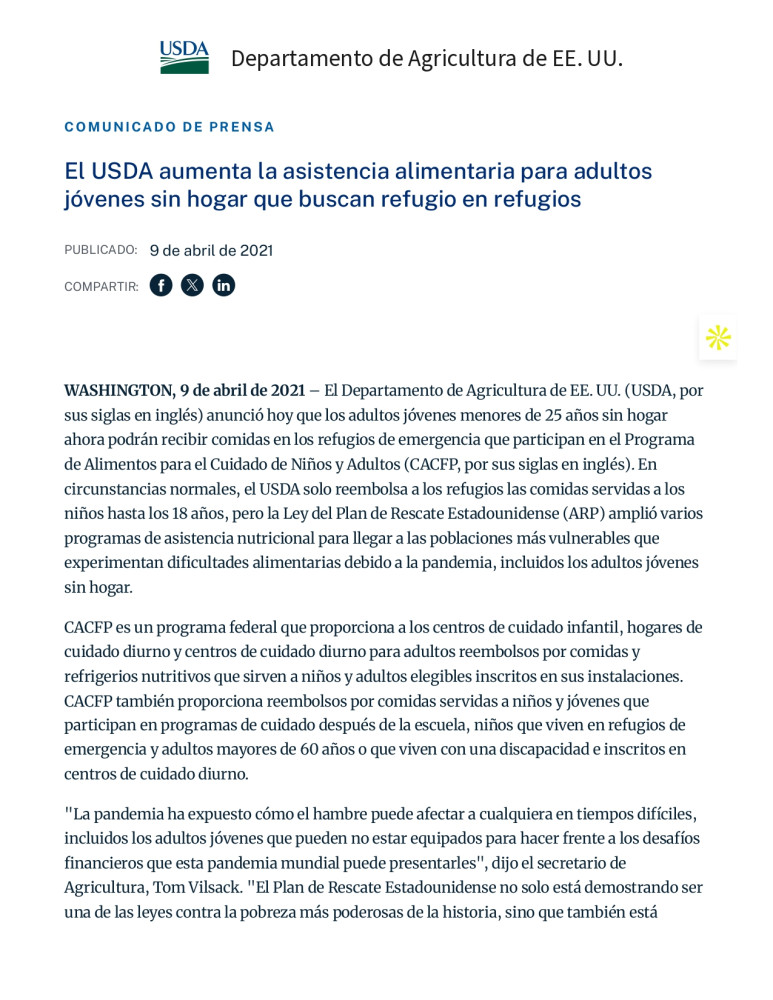 USDA fortalece la asistencia alimentaria para jóvenes sin hogar que buscan refugio en albergues