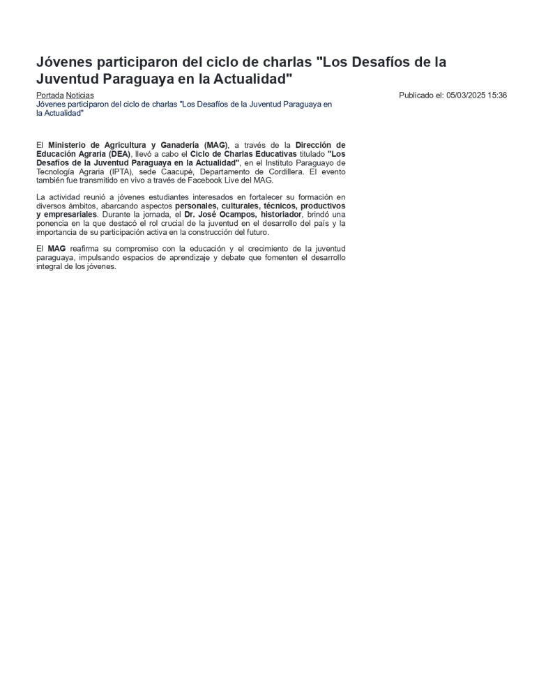 Youth Participated in the Lecture Series "The Challenges of Paraguayan Youth Today"