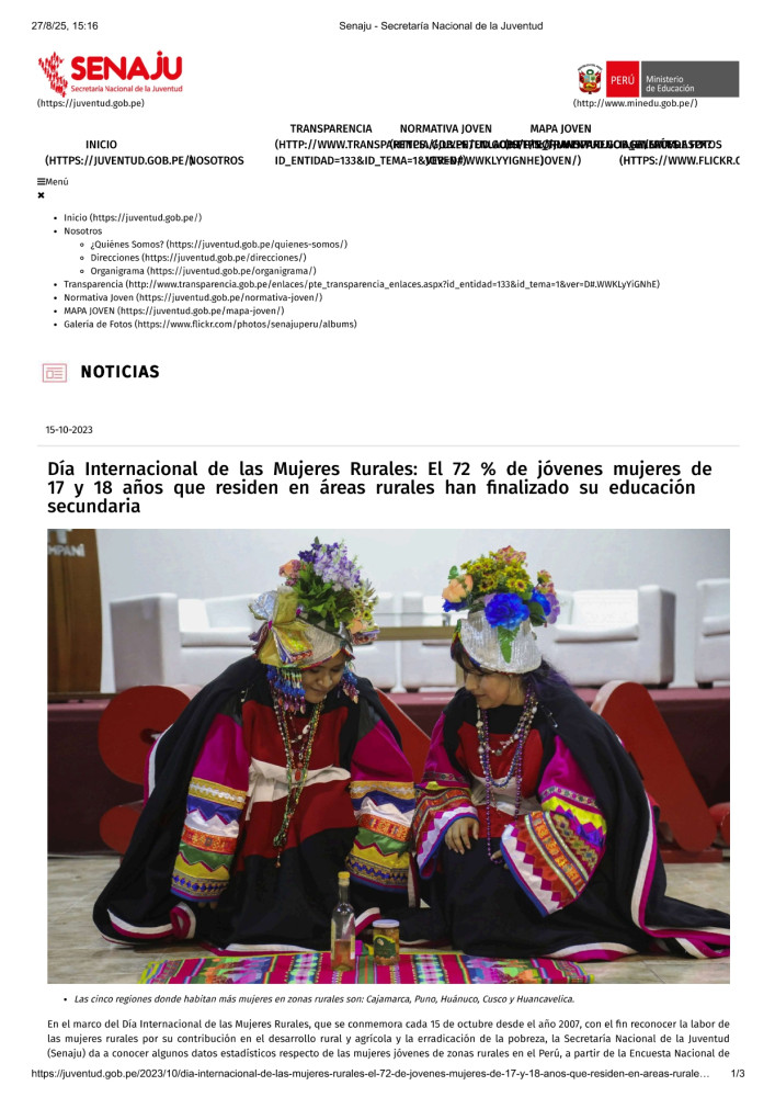 Día Internacional de las Mujeres Rurales: Avances en educación secundaria de jóvenes mujeres rurales en Perú