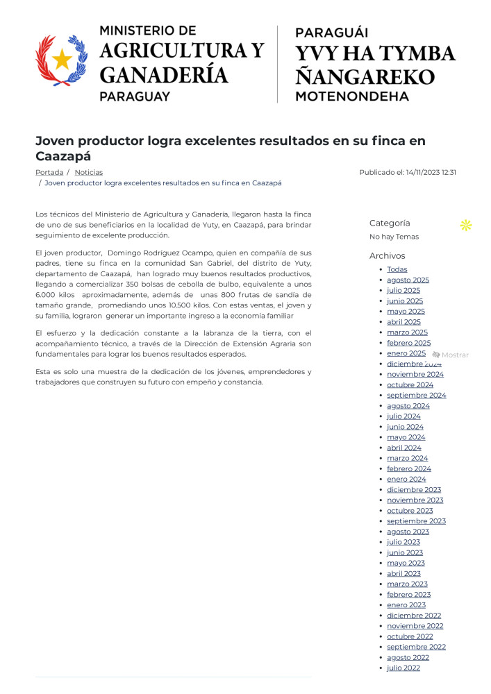 Young Producer Achieves Excellent Results on His Farm in Caazapá