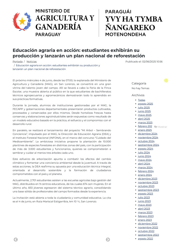 Educación agraria en acción: estudiantes exhibirán su producción y lanzarán un plan nacional de reforestación