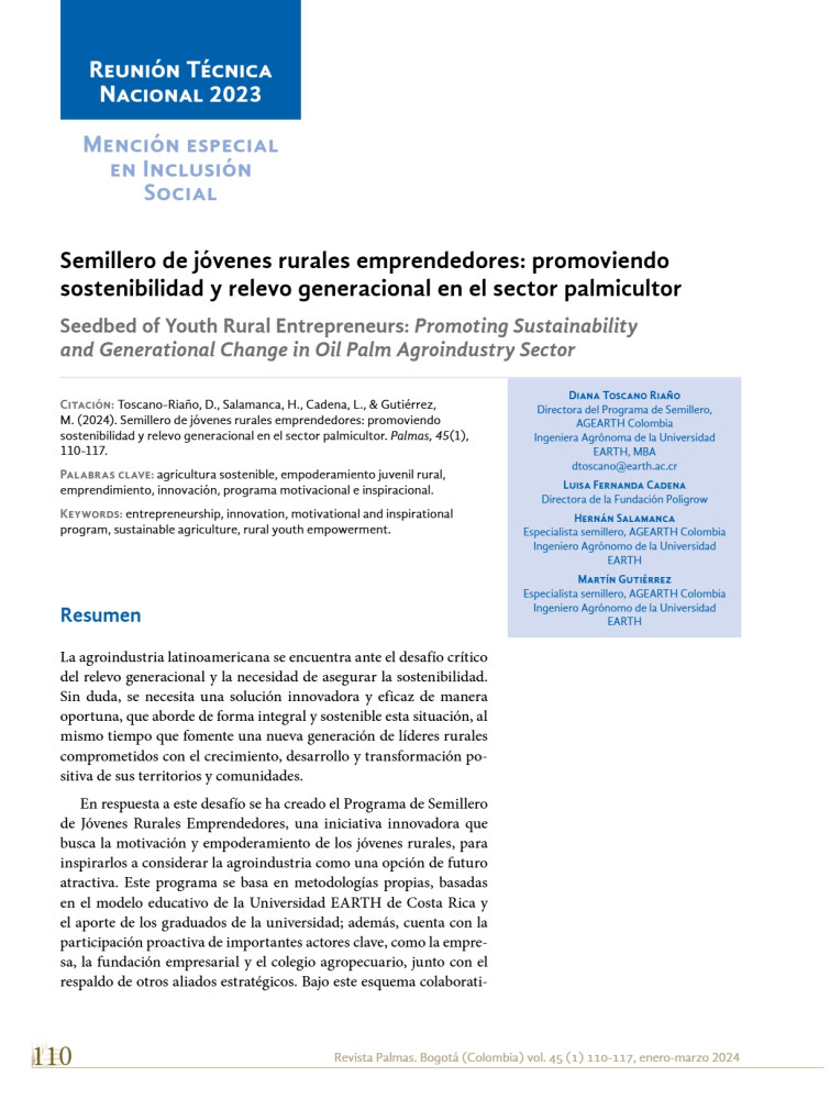 Seedbed of Youth Rural Entrepreneurs: Promoting Sustainability and Generational Change in the Oil Palm Agroindustry Sector