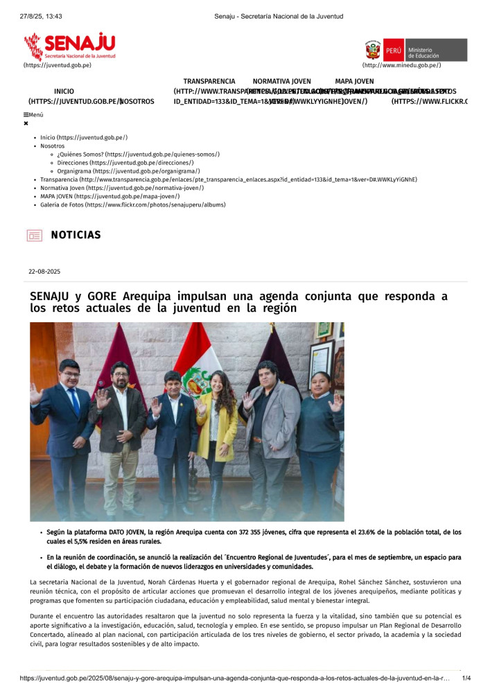 SENAJU y GORE Arequipa impulsan una agenda conjunta que responda a los retos actuales de la juventud en la región