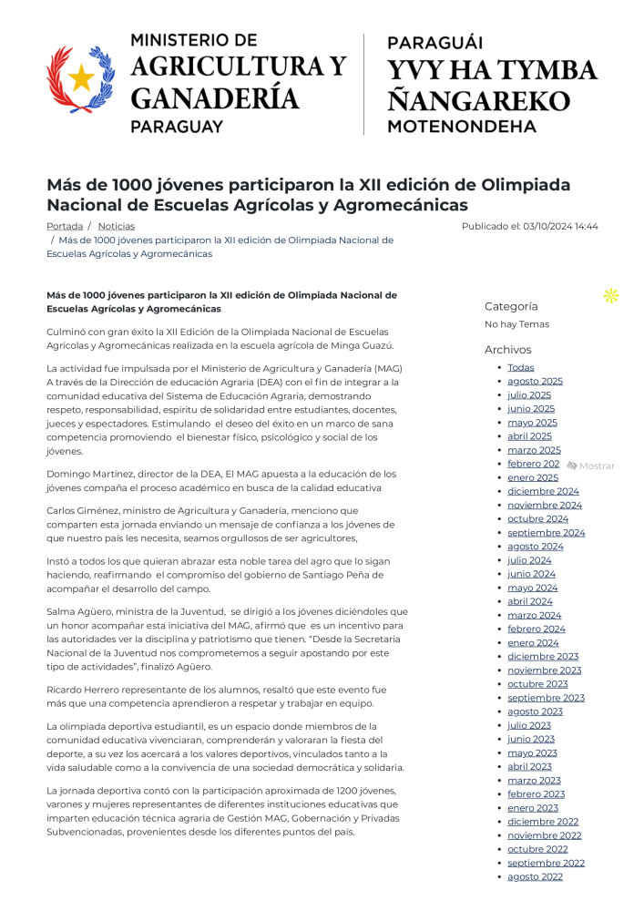 Más de 1000 jóvenes participaron la XII edición de Olimpiada Nacional de Escuelas Agrícolas y Agromecánicas