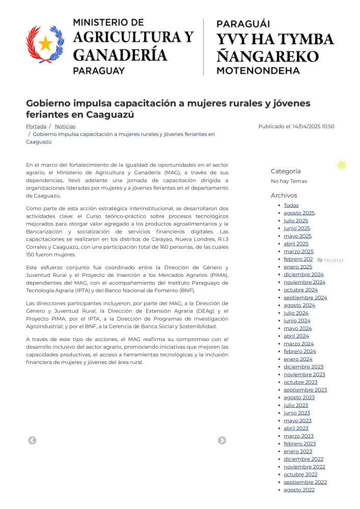 Gobierno impulsa capacitación a mujeres rurales y jóvenes feriantes en Caaguazú