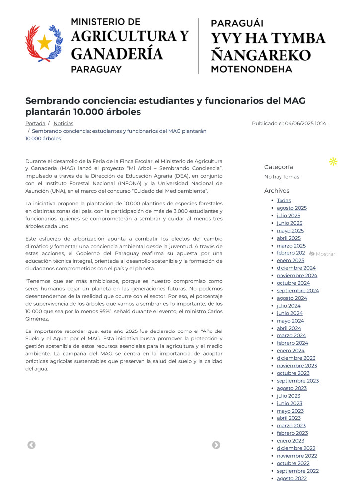 Sembrando conciencia: estudiantes y funcionarios del MAG plantarán 10.000 árboles