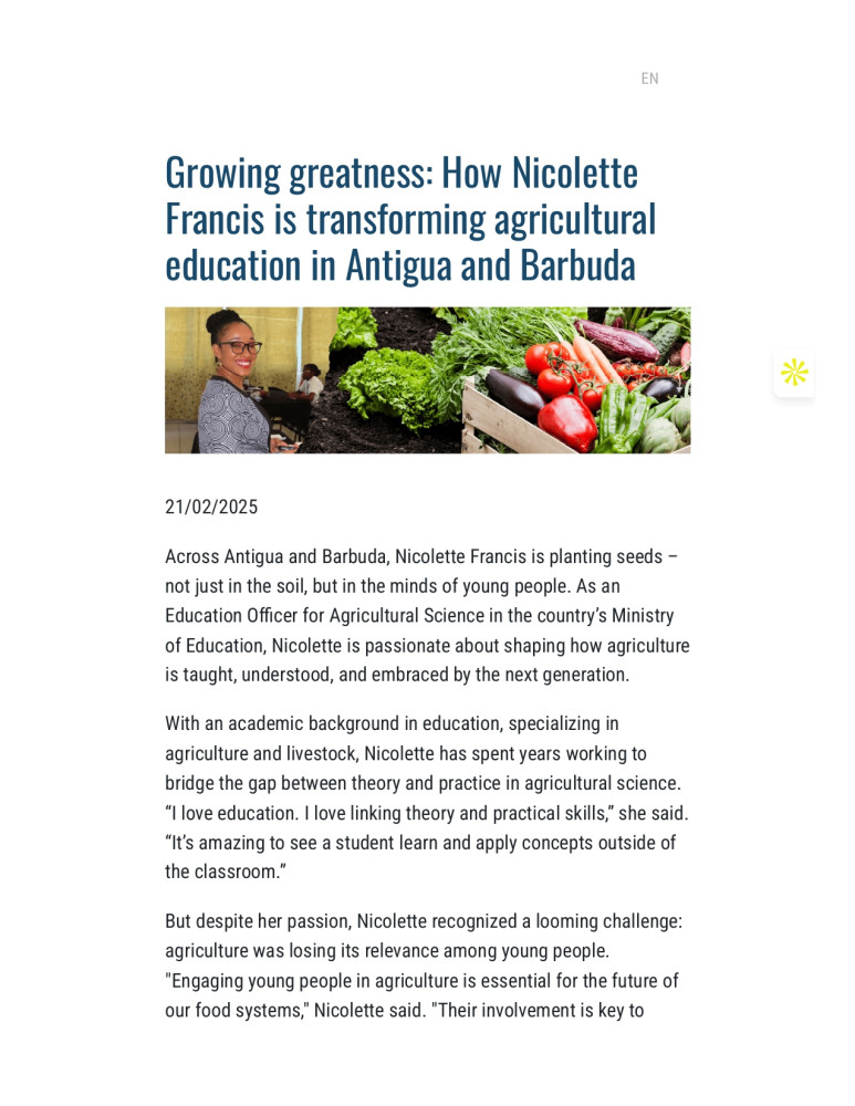 Cultivando grandeza: Cómo Nicolette Francis está transformando la educación agrícola en Antigua y Barbuda
