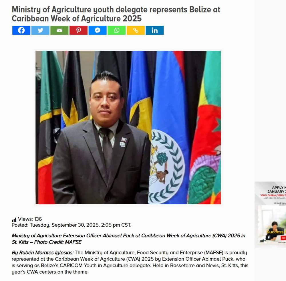 Delegado juvenil del Ministerio de Agricultura representa a Belice en la Semana Caribeña de la Agricultura 2025