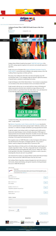 Antiguan Farmer Wins CARICOM Youth Farmer of the Year Award