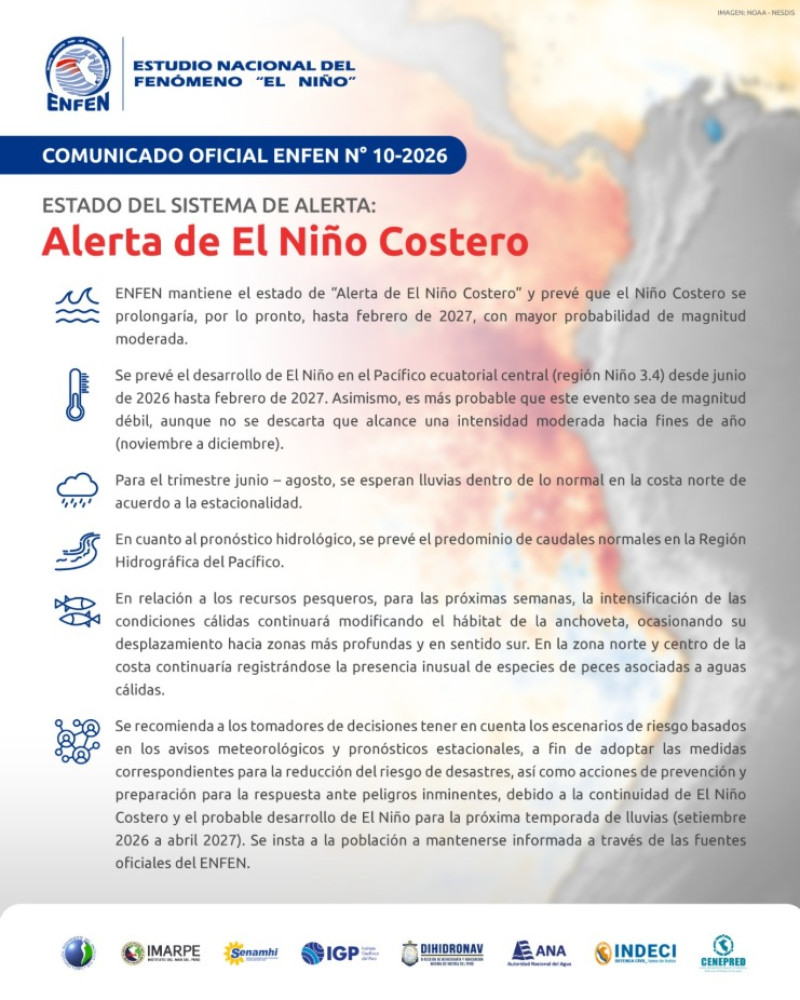 Comunicado Oficial ENFEN N° 10-2026: Alerta de El Niño Costero con proyección hasta febrero de 2027