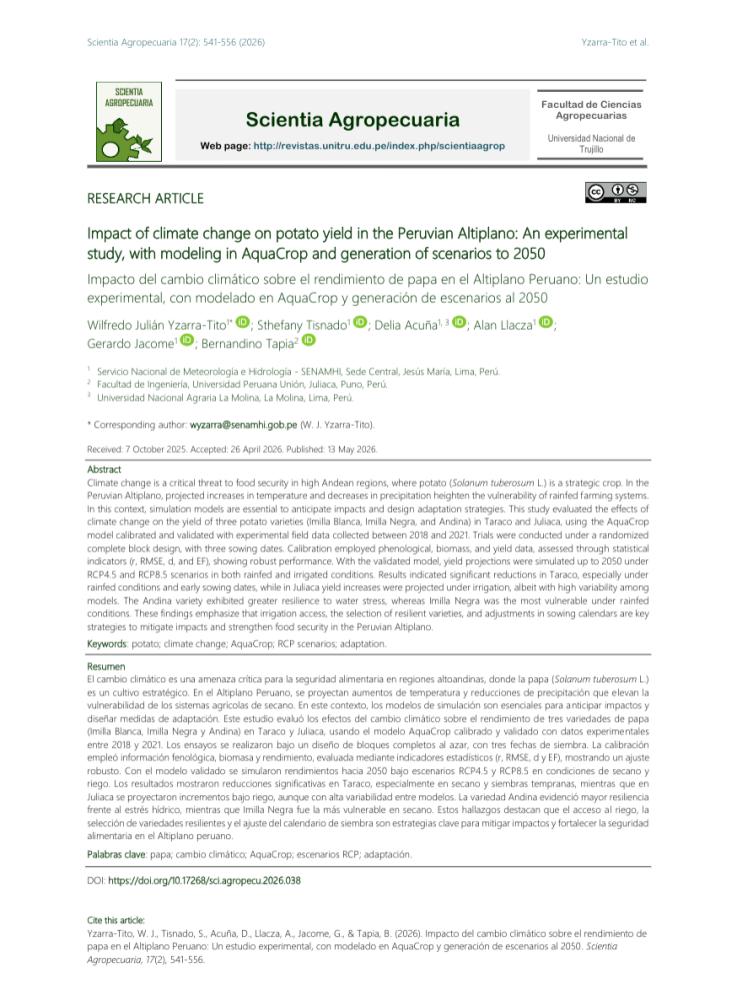 Impacto del cambio climático sobre el rendimiento de papa en el Altiplano Peruano: Un estudio experimental, con modelado en AquaCrop y generación de escenarios al 2050